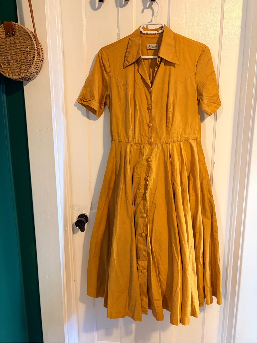 Button-Front Mustard Midi Shirt Dress